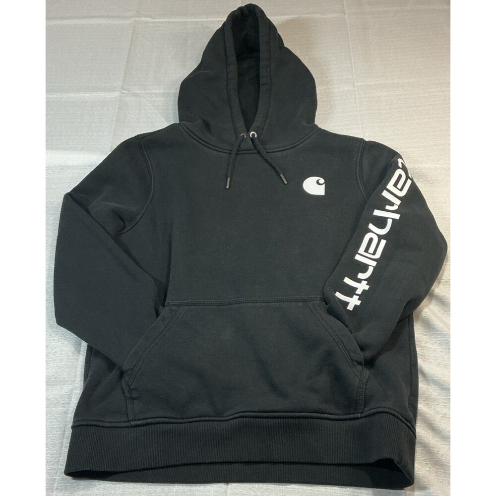 Carhartt Boys M Black Relaxed Fit Pullover Hoodie Hooded Pockets Logo Accent